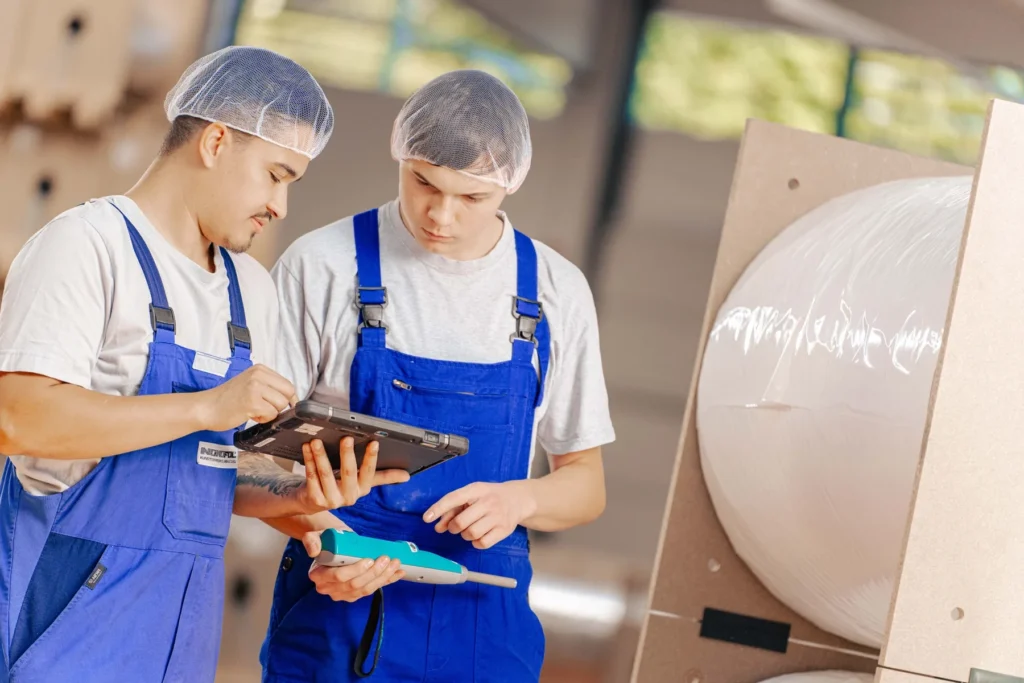 Lehrlinge In Der Produktion Jpg zwei Praktikanten schauen auf ein Arbeitsgerät
