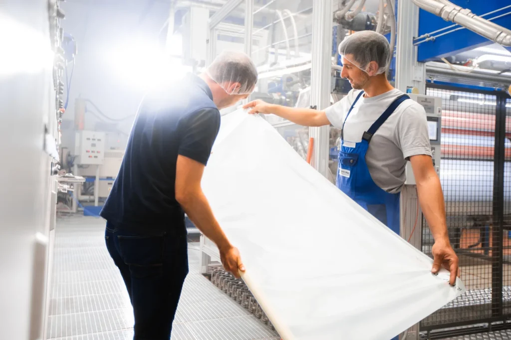 Mitarbeiter Foliencheck Nowofol Jpg zwei mitarbeiter mit einer Folie